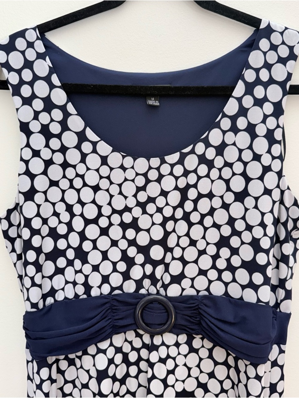 Polka Dot Navy White Fit Flare Midi Dress Retro Pinup Sleeveless Women Size 14